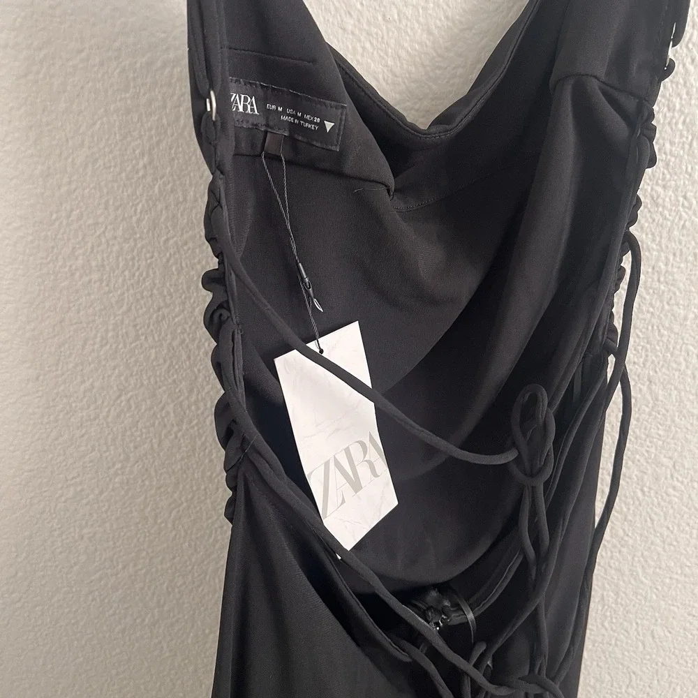 Zara Medium Dress Maxi Black Lace Up Back Ruched Whimsigoth Glam NWT - Picture 3 of 8